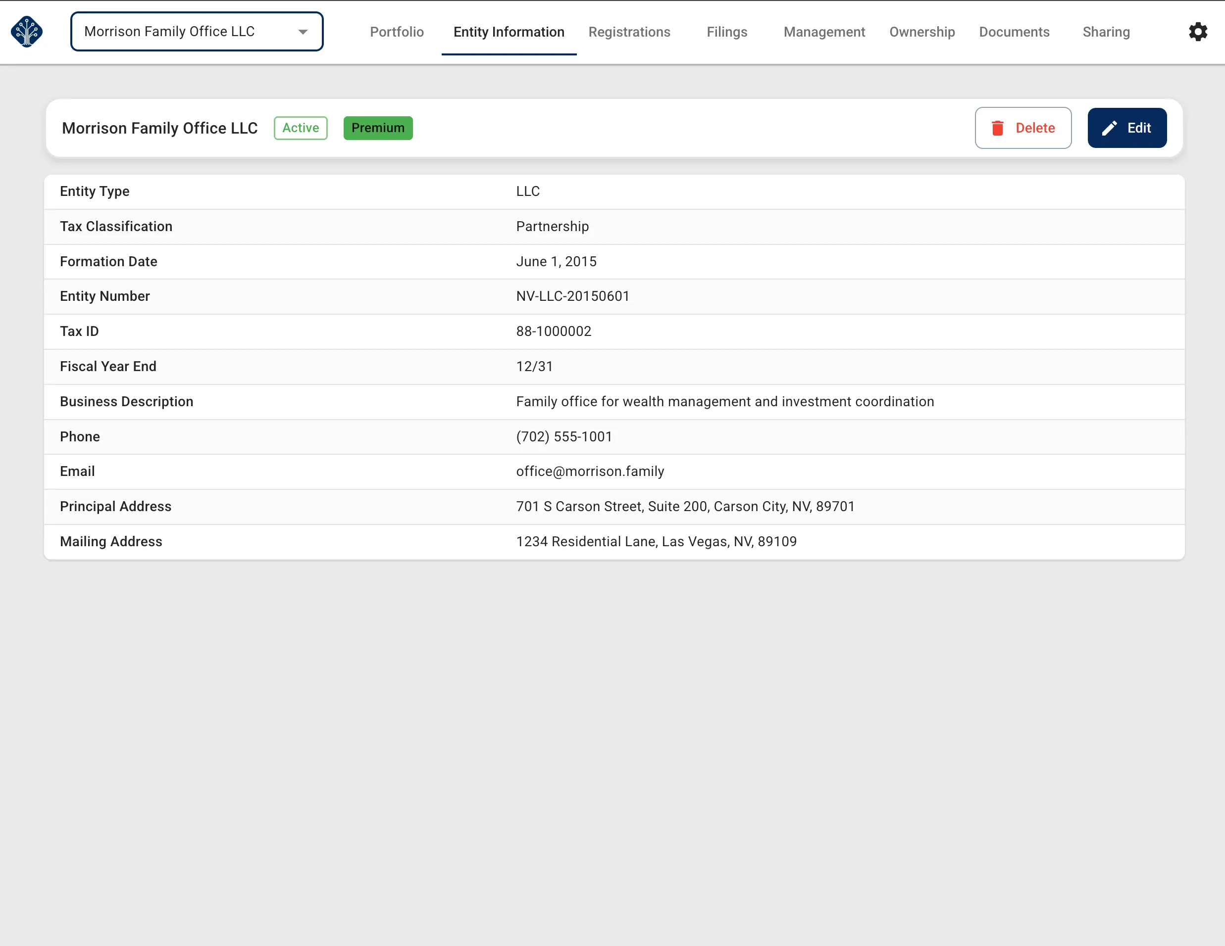 Equipath entity information page showing details for Morrison Family Office LLC