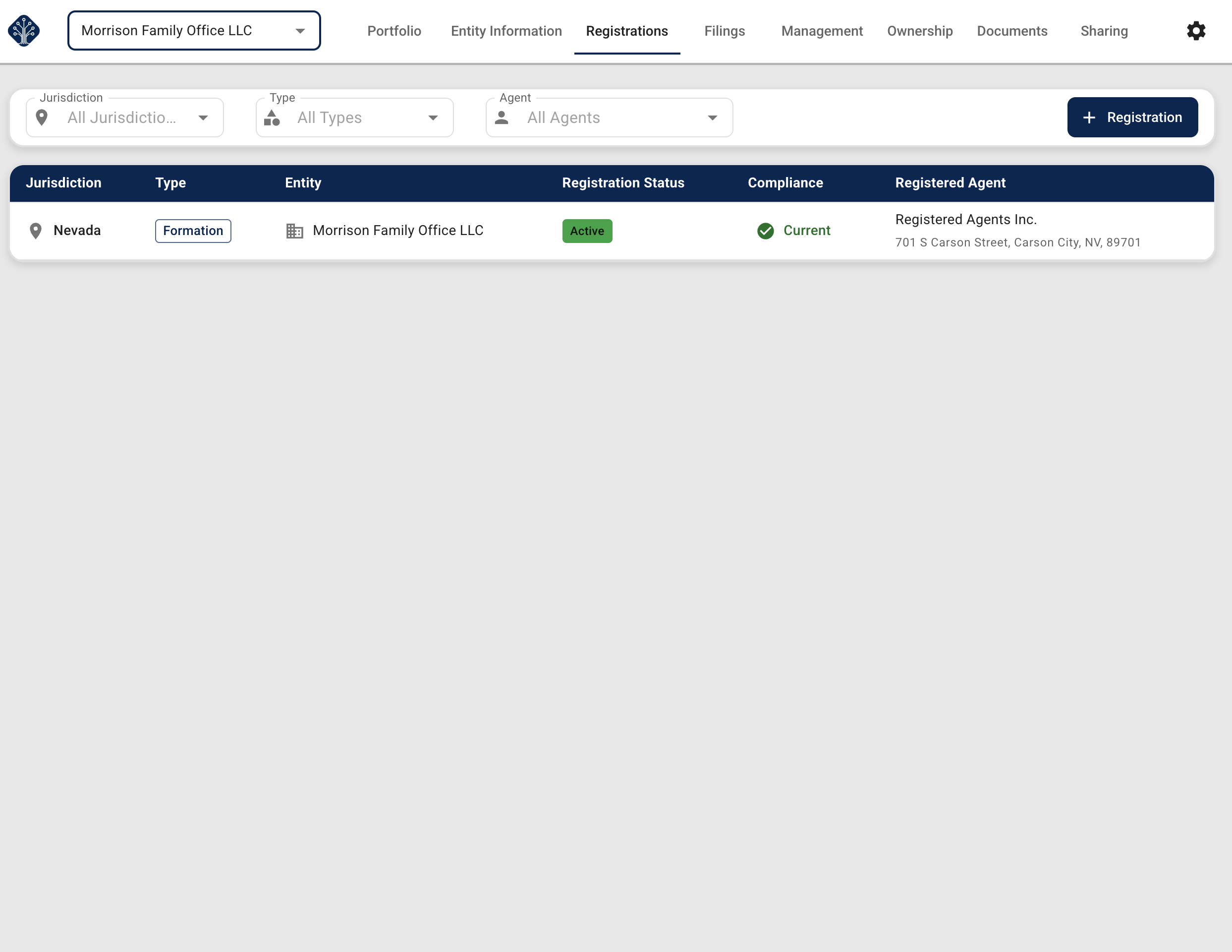 Equipath registrations view showing jurisdiction, type, and compliance status